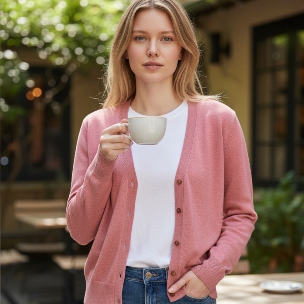 Time and Tru Women Large (12-14) Rose Pink Ribbed Full Button Soft Cardigan
